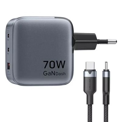Зарядное устройство Vention 2xUSB-C PD70W + 1xUSB QC3.0 22.5W GaN + cable USB-C to USB-C 1.0m black gray (TZ-FEXH0-EU)