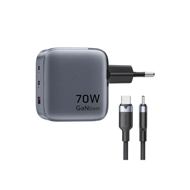Зарядное устройство Vention 2xUSB-C PD70W + 1xUSB QC3.0 22.5W GaN + cable USB-C to USB-C 1.0m black gray (TZ-FEXH0-EU)