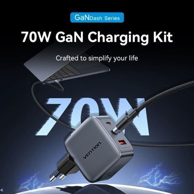 Зарядний пристрій Vention 2xUSB-C PD70W + 1xUSB QC3.0 22.5W GaN + cable USB-C to USB-C 1.0m black gray (TZ-FEXH0-EU)