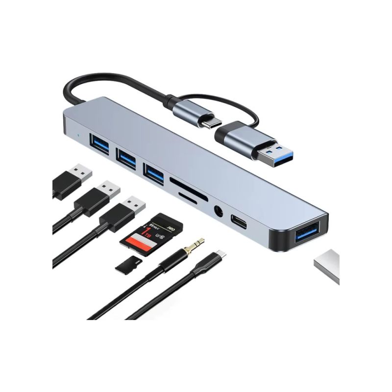 Концентратор Dynamode USB-C/A 8-in-1 1xUSB-C + 1xUSB 3.0 + 3xUSB 2.0 + 3.5mm audio + SD/TF silver (BYL-2218TU)