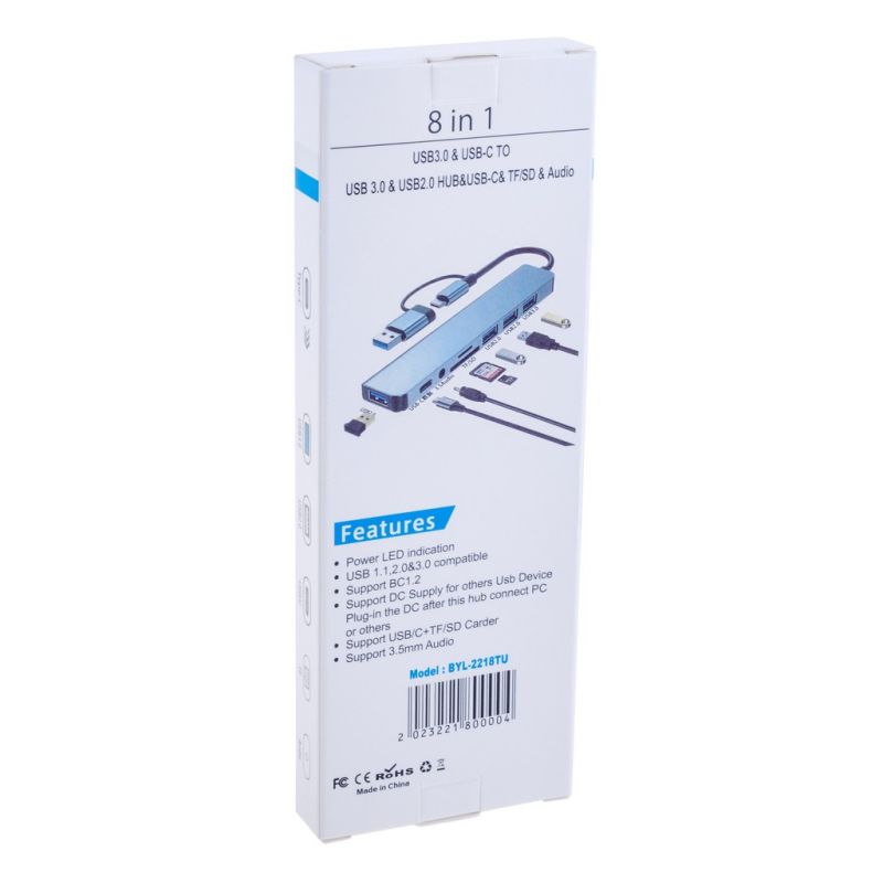 Концентратор Dynamode USB-C/A 8-in-1 1xUSB-C + 1xUSB 3.0 + 3xUSB 2.0 + 3.5mm audio + SD/TF silver (BYL-2218TU)