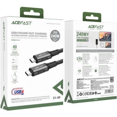 Дата кабель USB-C to USB-C 1.0m USB 4.0 240W audio/video black-grey Acefast (6974316282631)