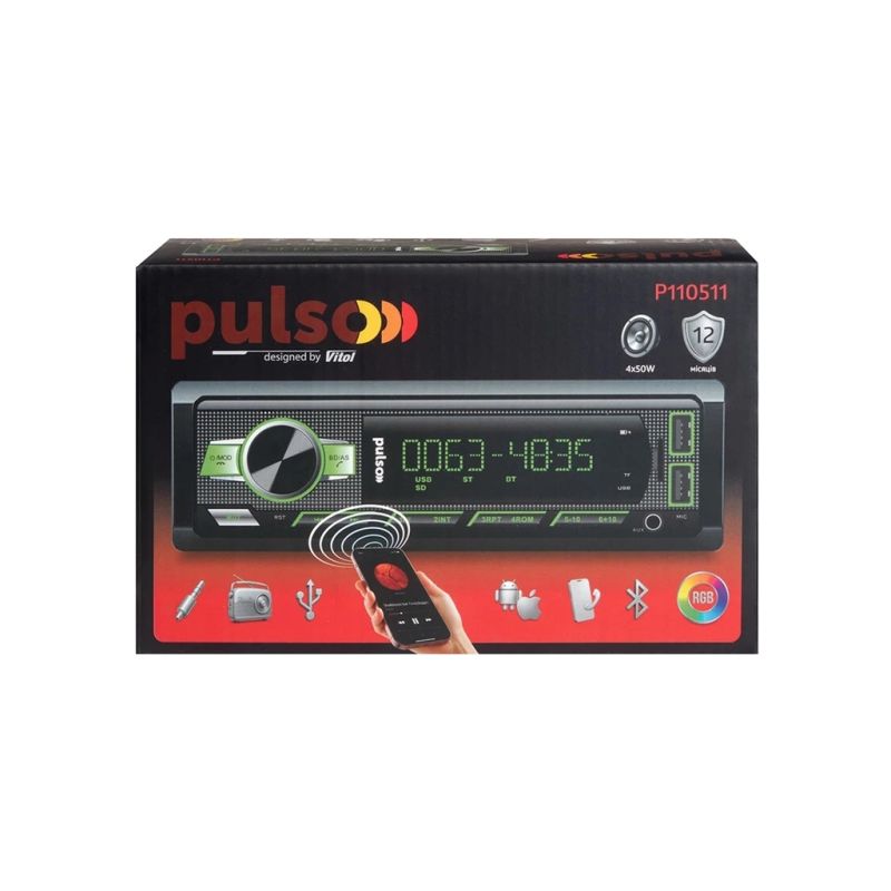 Автомагнітола PULSO RGB, USB, FM, RCA, LCD-дисплей, 4х50 Вт (P110511)