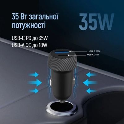 Зарядний пристрій ColorWay USB-C PD35W + USB QC3.0 car adapter (CW-CHA064PD-BK)