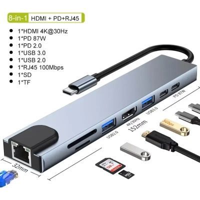 Концентратор Dynamode USB-C 8-in-1 HDMI 4K30Hz + 1xRJ45 + 1xUSB 3.0 + 1xUSB 2.0 + 1xUSB-C PD (BYL-2017L)