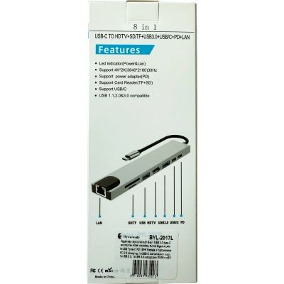 Концентратор Dynamode USB-C 8-in-1 HDMI 4K30Hz + 1xRJ45 + 1xUSB 3.0 + 1xUSB 2.0 + 1xUSB-C PD (BYL-2017L)