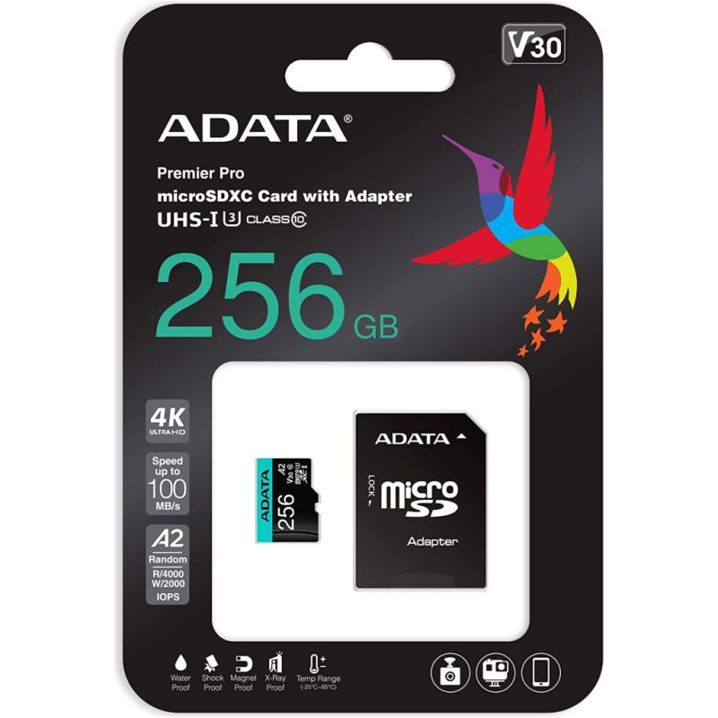 Карта памяти ADATA 256GB microSD class 10 UHS-I U3 V30 A2 Premier Pro SD 6.0 (AUSDX256GUI3V30SA2-RA1)