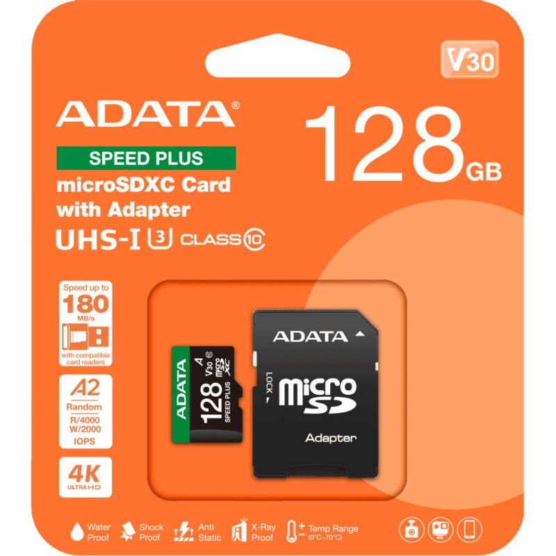 Карта пам'яті ADATA 128GB microSD class 10 UHS-I U3 V30 A2 Speed Plus (UD128GUI3V30A2SP-RA1)