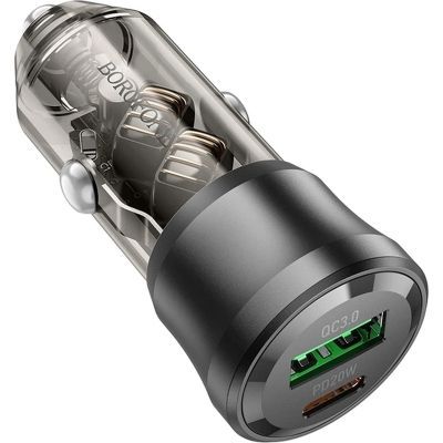 Зарядний пристрій BOROFONE 1xUSB-C PD + 1xUSB 38W car adapter transparent black (6941991106965)