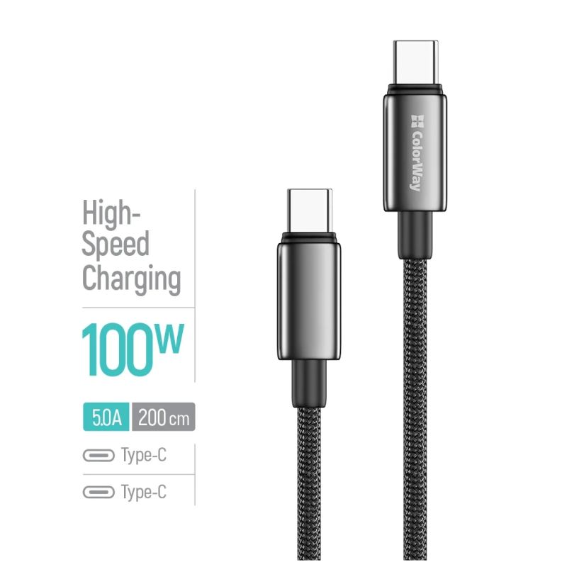 Дата кабель USB-C to USB-C 2.0m 5A 100W zinc alloy braided black ColorWay (CW-CBPDCC099-BK)