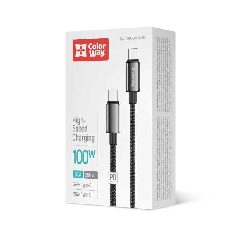 Дата кабель USB-C to USB-C 2.0m 5A 100W zinc alloy braided black ColorWay (CW-CBPDCC099-BK)