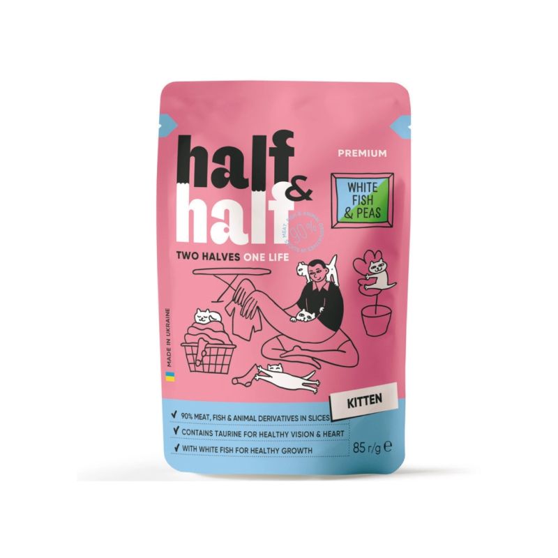 Вологий корм для кішок Half&Half для кошенят з білою рибою та горохом в желе 85 г (4820261921939)
