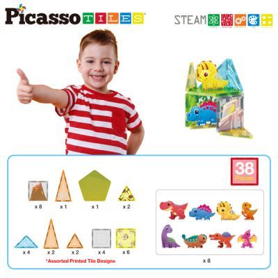 Конструктор Picasso магнітний Tiles Dinosaur Set з 8 фігурками динозаврів 38 деталей (817338028848)