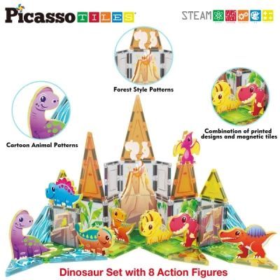 Конструктор Picasso магнітний Tiles Dinosaur Set з 8 фігурками динозаврів 38 деталей (817338028848)