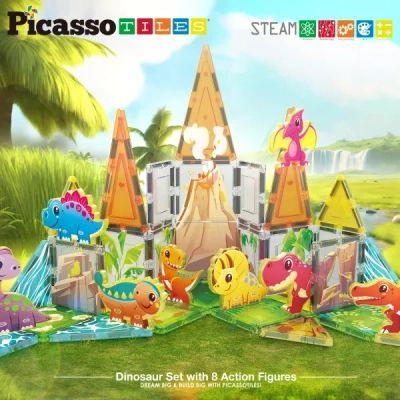 Конструктор Picasso магнітний Tiles Dinosaur Set з 8 фігурками динозаврів 38 деталей (817338028848)