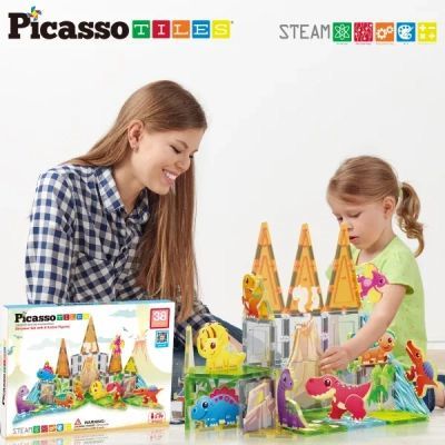 Конструктор Picasso магнітний Tiles Dinosaur Set з 8 фігурками динозаврів 38 деталей (817338028848)