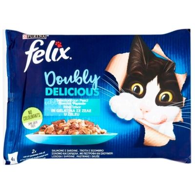 Вологий корм для кішок Purina Felix Doubly Delicious з лососем, сардиною, фореллю та скумбрією 4х85 г (7613287487391)