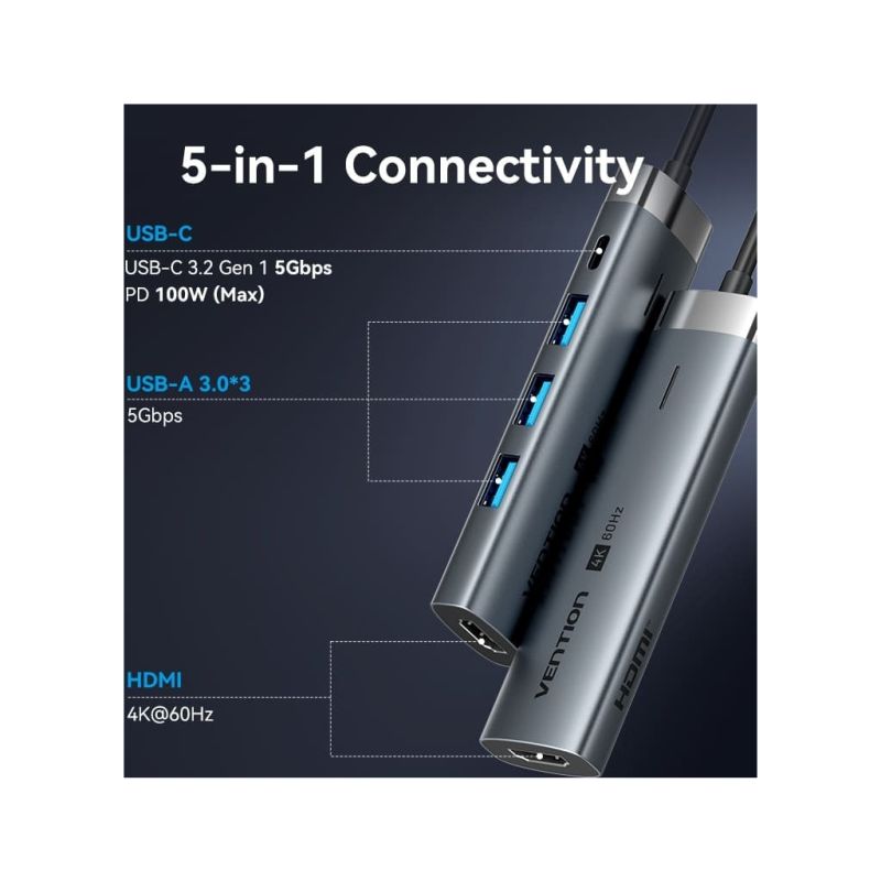 Концентратор Vention USB-C 5-in-1 3xUSB 3.0 + HDMI 4K60Hz + USB-C PD100W gray (TGMHB)