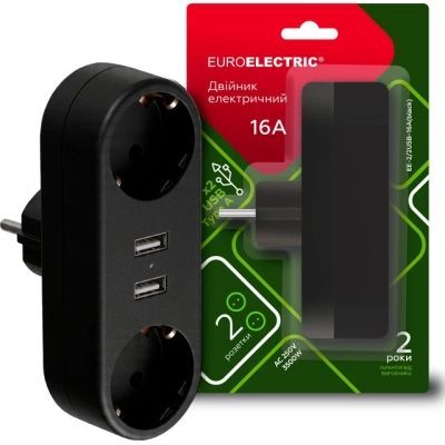 Мережевий розгалужувач EUROELECTRIC X2 16A 2xUSB Black з заземленням (EE-2/2USB-16A(black))