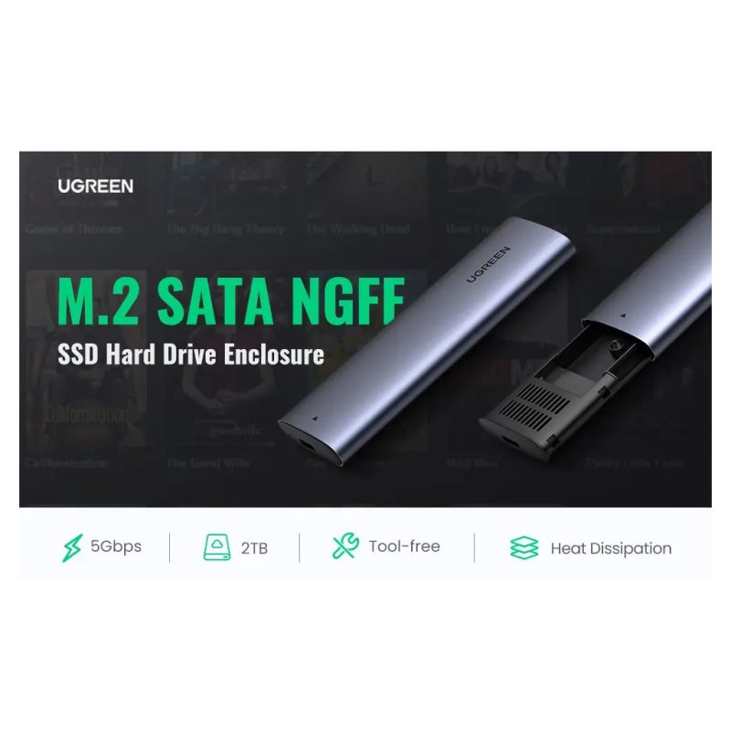 Карман внешний Ugreen USB-C to M.2 B-Key/M+B Key SSD 5Gbps SATA 3.0 aluminum 0.5m (10903)