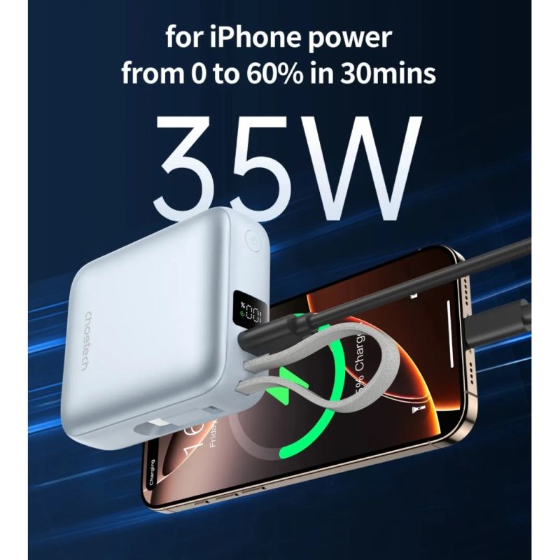 Батарея універсальна Choetech 10000mAh, 35W, PD/3.0, LED Display, buid-in type-C cabel, Blue (B832-LBE)